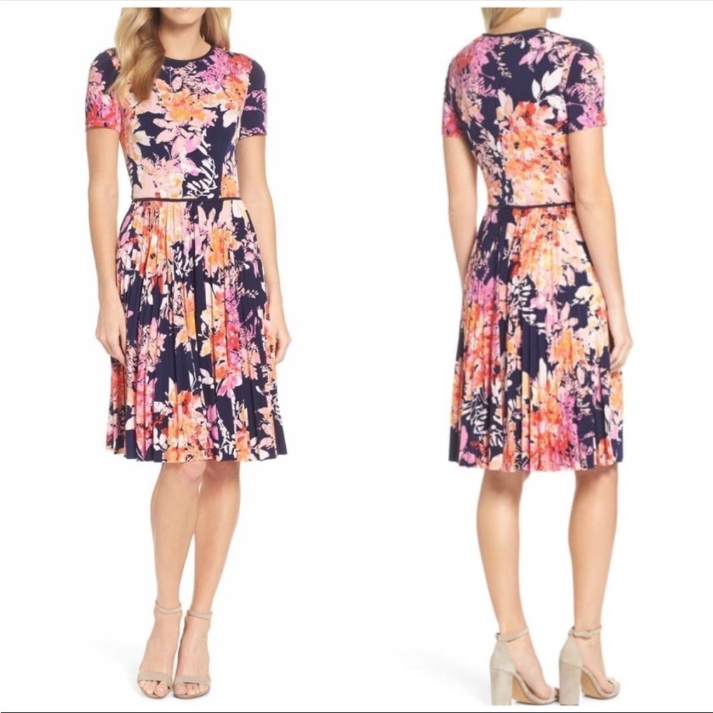 Maggy London Floral Pleated Midi Cap Sleeve Dress 4